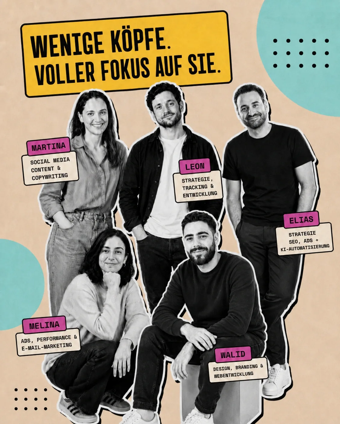 Das Klickpfad-Team: Elias und Walid sowie Martina, Leon und Melina — unsere KI-Kolleg:innen