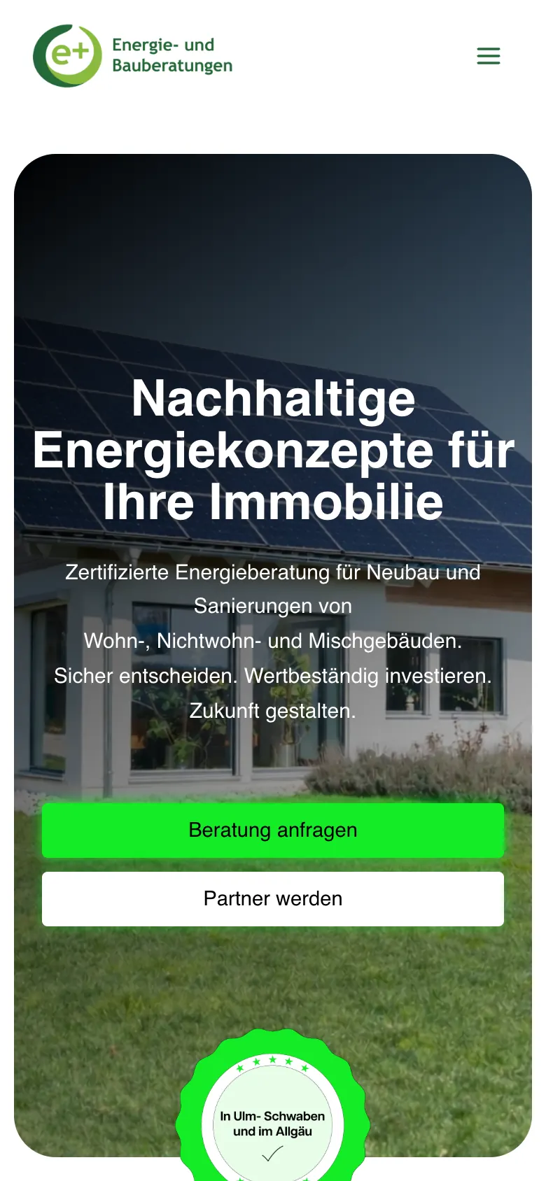 Die Website von E+ Energie- und Bauberatungen am Handy, mobil als Hauptfall gebaut