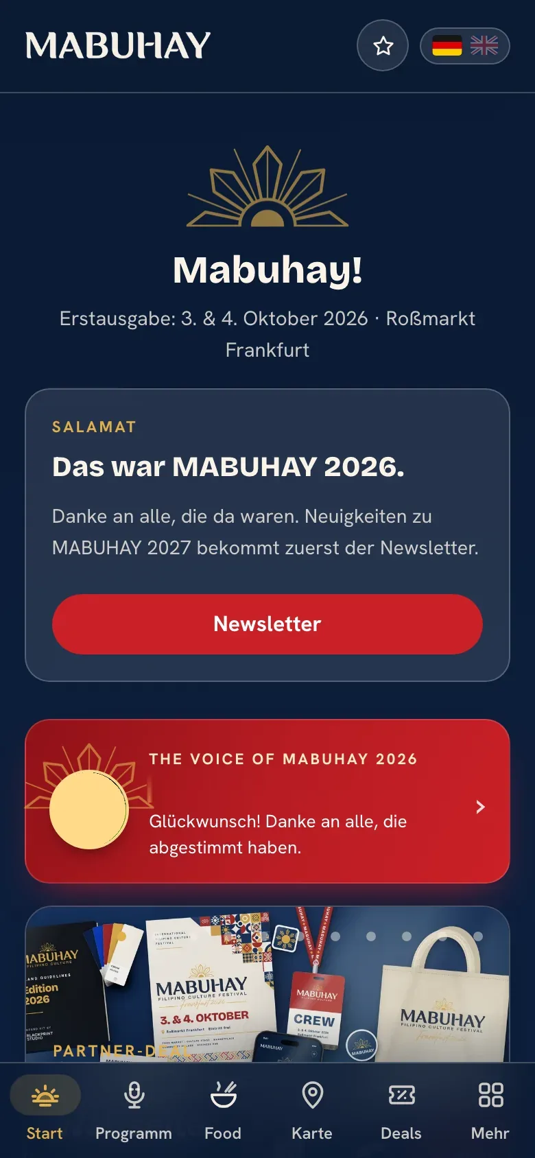 Festival-App von MABUHAY am Handy mit Live-Programm, Speisekarten und Lageplan für den Festivaltag
